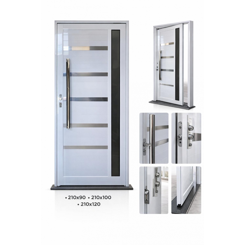 Porta de Alumínio Pivotante Linha 42 Premium Alto Padrão com Vidro Fumê, Puxador Inox Polido 1m e Dupla Fechadura Tetra