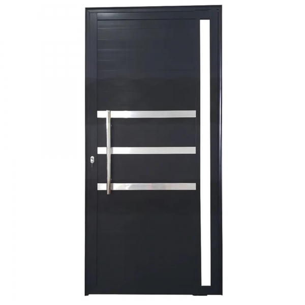 Porta Pivotante de Alumínio Linha 42 Alto Padrão com Puxador Inox 1m, Vidro Fumê Temperado 4mm, 2 Fechaduras Tetra e Tranca Rolete - Preto