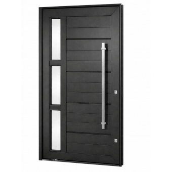 Porta Pivotante de Alumínio Linha 42 Alto Padrão com Puxador Inox 1m, Vidro Fumê Temperado 4mm, 2 Fechaduras Tetra Tranca Rolete – Preta ou Branca