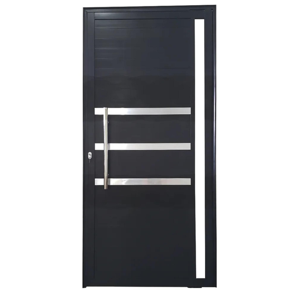Porta Pivotante de Alumínio Linha 42 Alto Padrão com Puxador Inox 1m, Vidro Fumê Temperado 4mm, 2 Fechaduras Tetra e Tranca Rolete - Preto