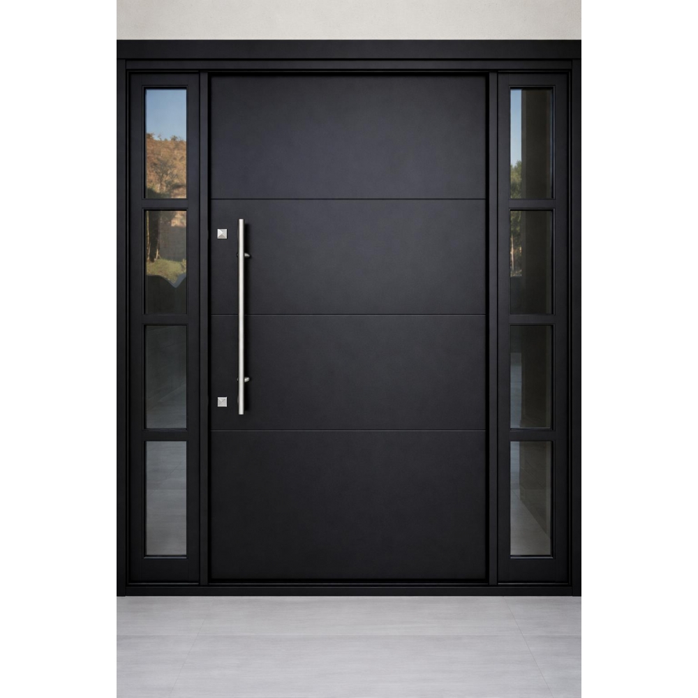 Porta de Alumínio Linha 42 Alto Padrão Pivotante com Puxador Inox 1m, Vidro Fumê Temperado, 2 Fechaduras Tetra e Tranca Rolete – Preta ou Branca - Preto