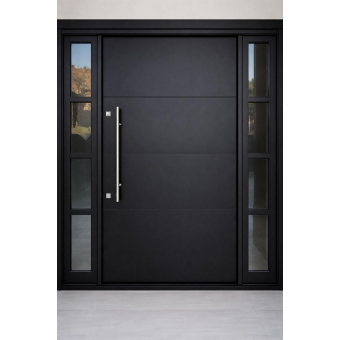 Porta de Alumínio Linha 42 Alto Padrão Pivotante com Puxador Inox 1m, Vidro Fumê Temperado, 2 Fechaduras Tetra e Tranca Rolete – Preta ou Branca